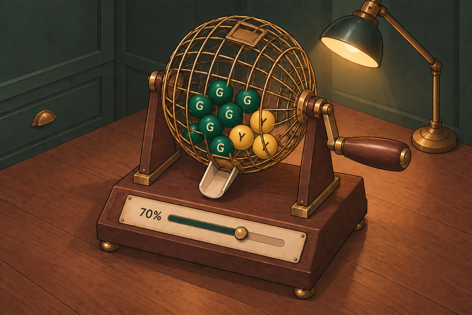 A brass bingo cage with green and yellow balls, a walnut crank, and an integrated odds slider.