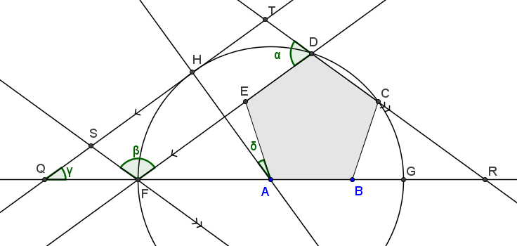A Euclidean geometry construction with a semicircle, intersecting lines, and labeled angles.