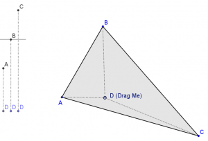 GeoGebra triangle center applet showing distances from point D to the vertices of a triangle