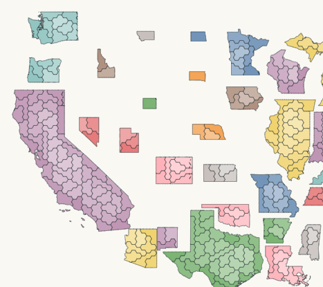 Historical U.S. congressional district cartograms built from hexagonal tiles.