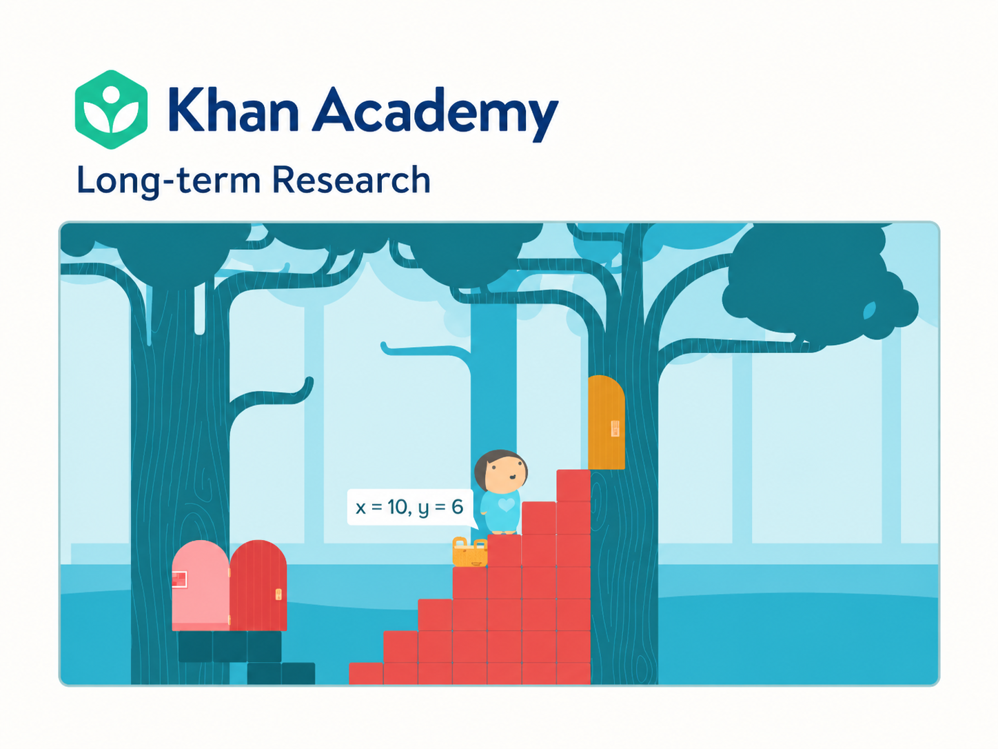 Khan Academy Long-term Research: a child builds stairs with number blocks in a playful math world.