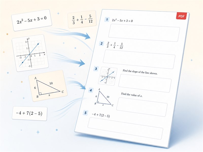 Math problems floating onto a spacious printable PDF worksheet.