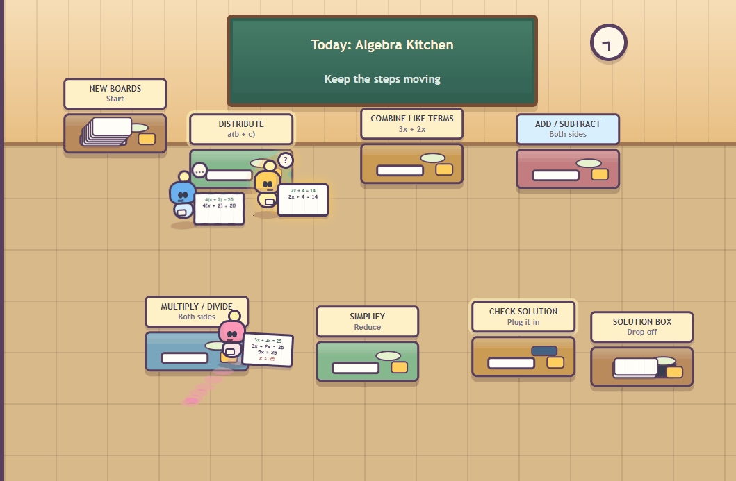 Animated Algebuds kitchen mode prototype with robot pets moving around an algebra kitchen.