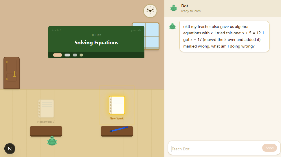 Algebuds classroom world with Dot, a workbook, a classroom board, and chat.