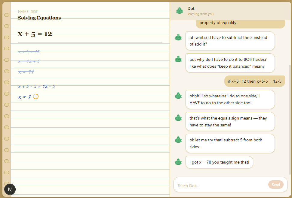 Dot works through an equation in a notebook while chatting with the student tutor.