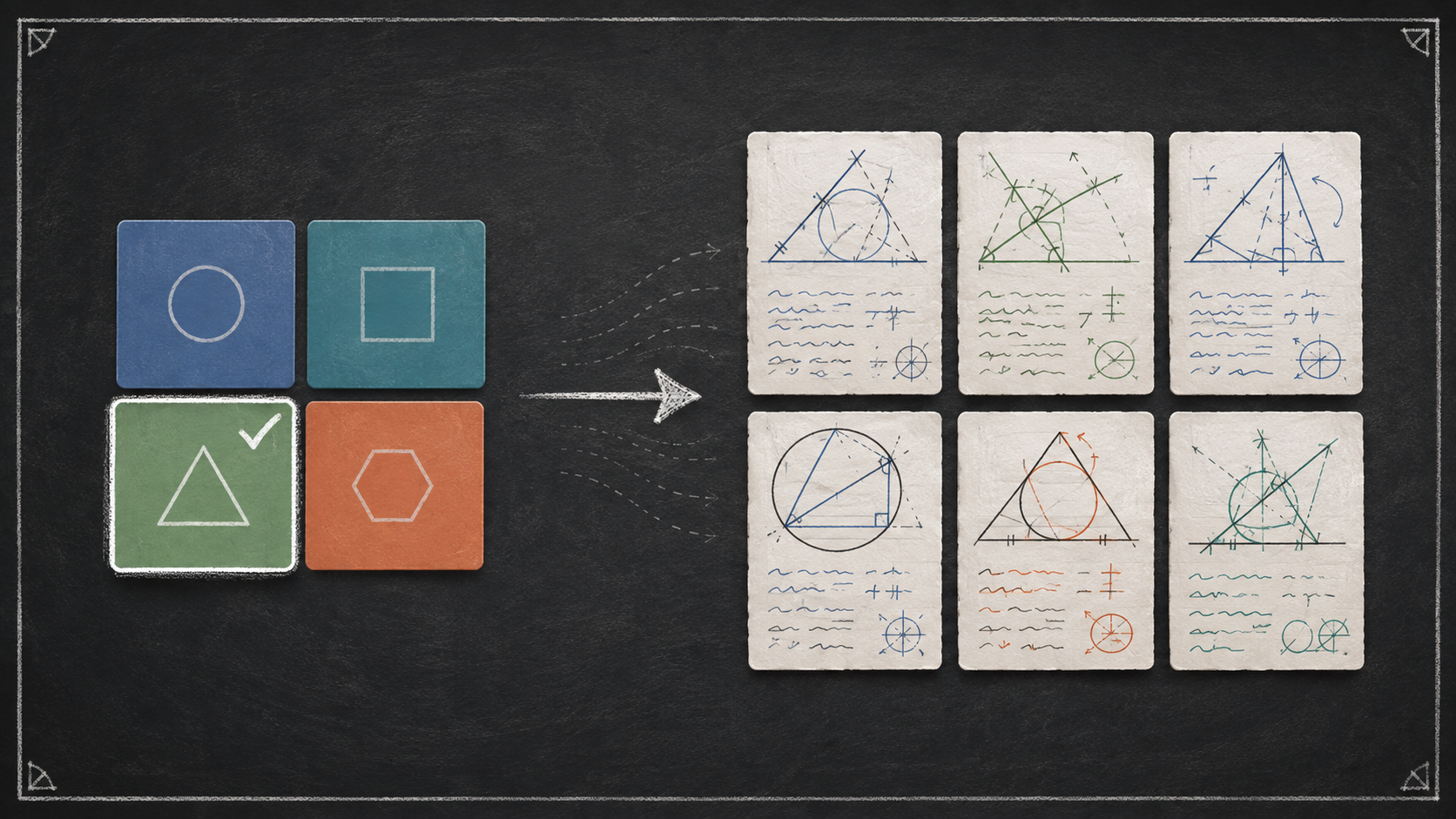 An original chalkboard-style illustration of a selected multiple-choice answer leading to a grid of varied geometry work samples.