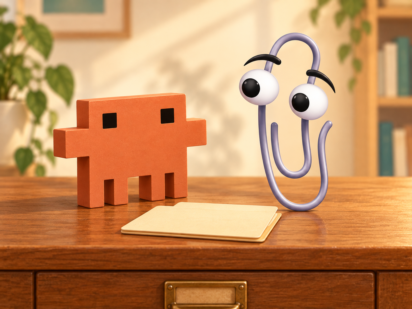 Claude's terracotta pixel agent and a Clippy-like paperclip facing each other over a folder.